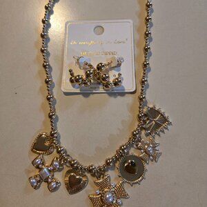 Gold bead, 7 charm necklace with pearl accents, and gold bead earrings , NWT